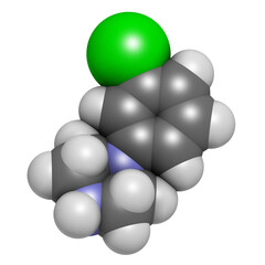 Sticker - Meta-chlorophenylpiperazine (mCPP) psychoactive drug molecule, 3D rendering.