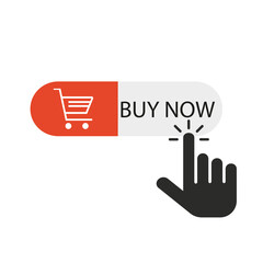 Poster - A hand pressing a buy now button. Vector illustration