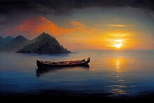 Oil Painting Aboriginal Canoe At Sunrise
