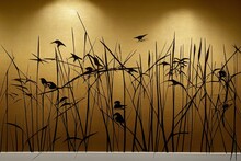 Reeds And Birds. Gold Decor On Textured Wall. Design For Wallpaper And Mural Printing