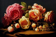 Roses, Still Life. In The Style Of The Ancient Dutch Masters. Painting Oil Canvas