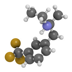 Sticker - Fenfluramine weight loss drug molecule, 3D rendering (withdrawn). Atoms are represented as spheres with conventional color coding: hydrogen (white), oxygen (red), nitrogen (blue), fluorine (gold).