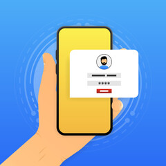 Poster - Hand holding smartphone with Login Form. Mobile autorization concept. Vector illustration.