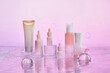 © Marc Tran/Stocksy - Set of cosmetic products standing in water with ripples against water
