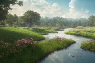 Poster - Landscape of a green meadow with flowers and trees, bushes and a river, under a blue sky with fluffy clouds 3d illustration
