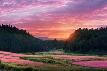 Poster - Summer landscape of the evening forest at sunset, a glade with blooming flowers under a pink sky with fluffy clouds 3d illustration