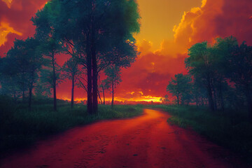 Poster - Summer sun sunset with a road running along forest trees and green fields under an evening sky with fluffy clouds 3d illustration