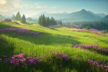 Summer Landscape Of A Mountain Valley With Green Grass, Trees And Bushes With Flowers Under A Blue Sky 3d Illustration