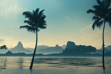 Poster - Seascape with mountains on the horizon and lonely tall palm trees standing in the water under a cloudy sky 3d illustration