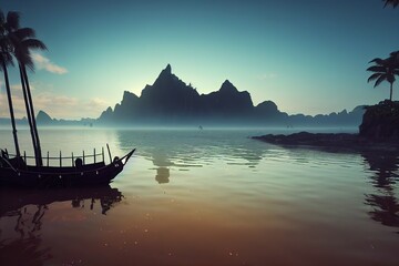 Poster - Landscape at sunset, sea lagoon with palm trees and an old abandoned ship under a pink sky 3d illustration