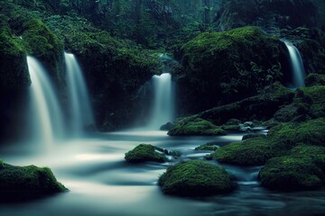 Poster - Waterfall with streams of transparent water in a green forest 3d illustration