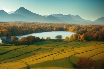 Sticker - Autumn landscape with a house on the horizon, a blue lake and orange grass on the field. Mountains on the horizon under the blue sky 3d illustration