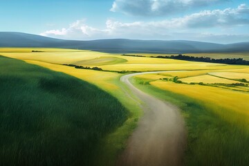 Poster - Road in the green field. Bright sun in the blue sky with fluffy white clouds over the mountains on the horizon 3d illustration