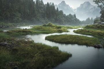 Poster - Mountain landscape with dark forest and mountain streams with green grassy banks 3d illustration