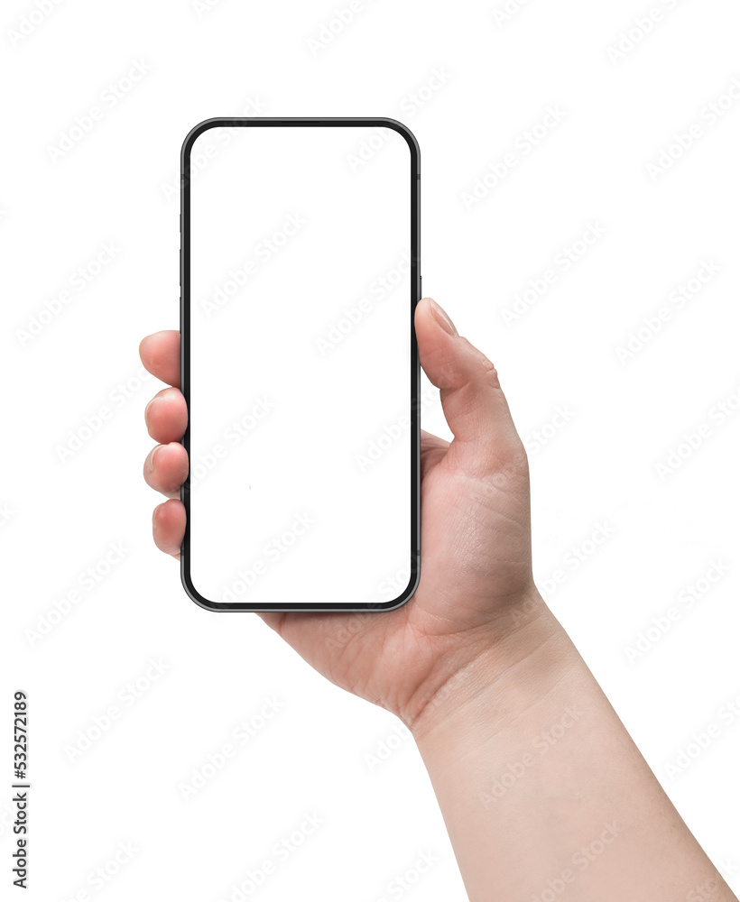 Woman hand holding smart phone with blank screen isolated on white ...