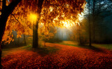 Fototapeta Przestrzenne - An autumn scene, falling leaves, digital art