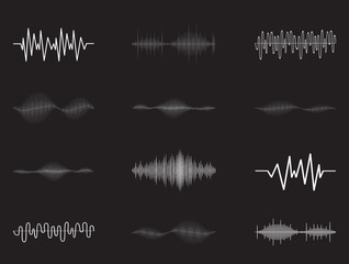 Wall Mural - Sound audio wave vector. Icon set isolated on black background. Abstract sound waves for voice design, music background, radio logo and icon. Creative music audio concept. Soundwave vector