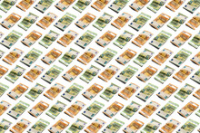 Fifty And Hundred Euro Banknotes Pattern On Bright White Background