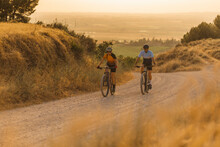 Two Mountain Bikers Between Wheat Fields