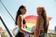 © Malquerida Studio/Stocksy - Proud lesbian couple waving rainbow flag