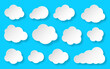 Paper cut clouds set on blue sky background. Forecast white cute cloud icon symbol collection. Cartoon style origami web banner with light and shadows. Various round shapes speech think bubble concept