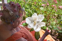 Senior Lady Looking At Large Flower