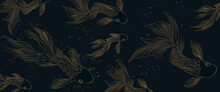 Luxury Dark Blue Art Background With Goldfish In Line Style. Abstract Hand Drawn Vector Banner For Wallpaper Design, Print, Textile, Decor, Pattern, Fabric.