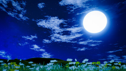 Wall Mural - Full moon shone brightly, with many stars in the sky and a few white clouds passing by. Natural scenery, meadows and mountains at night. 3D rendering