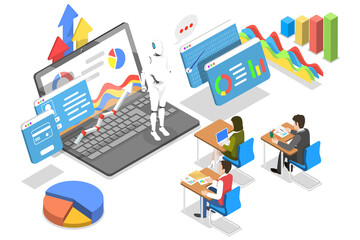 Isometric  Concept of Teacher Bot, Artificial Intelligence Technology.