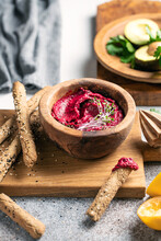 Healthy Organic Beetroot Dip With Gluten Free Breadsticks