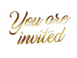 Golden glitter isolated hand writing word YOU ARE INVITED on transparent background