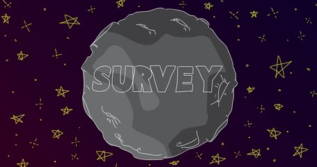 Poster - Line Art cartoon moon with Survey text. Abstract night sky with a Grey Planet and stars. Cartoon animation video.