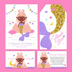 Wall Mural - Birthday invitation set with cute glitter mermaid