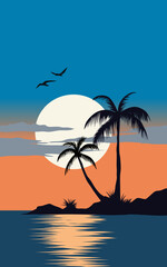 Wall Mural - Sunset in the island with trees in silhouette. 
