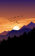 Wall Mural - Nature background with mountains and trees in silhouette on sunset