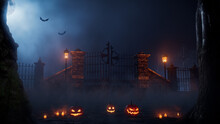 Jack O' Lanterns At Spooky Churchyard Gate. Halloween Background.