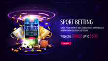 Sports Betting, Welcome Bonus, Purple Web Banner With Smartphone, Champion Cups, Falling Gold Coins, Sport Balls And Hologram Of Digital Rings In Dark Empty Scene