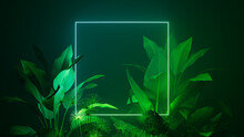 Tropical Plants Illuminated With Green And Blue Fluorescent Light. Nature Environment With Square Shaped Neon Frame.