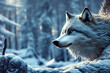 Majestic gray wolf sitting down surrounded by magical snow. Majestic wolf in snow woods. digital art