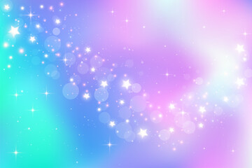 Wall Mural - fantasy watercolor illustration with rainbow pastel sky with stars. abstract unicorn cosmic backdrop