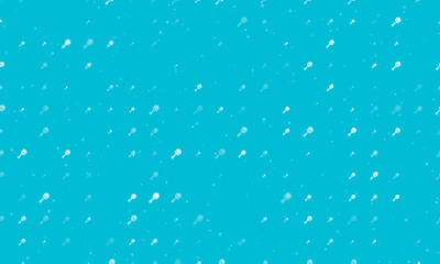 Poster - Seamless background pattern of evenly spaced white baby rattle symbols of different sizes and opacity. Vector illustration on cyan background with stars