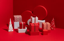 Christmas Presents. Red And White Themed Gift Holiday Background.