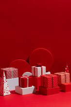 Christmas Presents. Red And White Themed Gift Holiday Background.