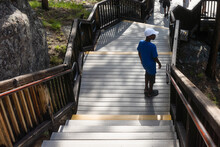 Boy Pauses On Staircase On Trail