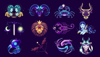 twelve neon zodiac signs collection