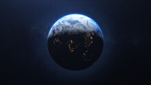 Planet Earth On Starry Space Background, Day And Night Transition.