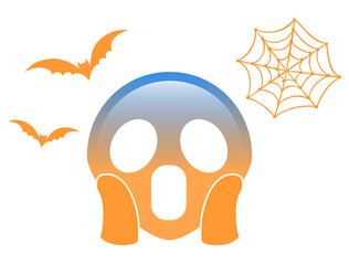 Gradient orange scary and spooky face flat icon with flying bat and spider net on transparent background