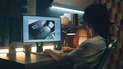 Poster - Male young designer making 3D visualization of house interior in professional program using pc while working remotely from home office in the evening
