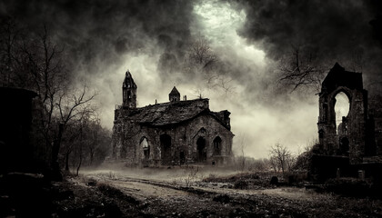 Digital art of a church in a foggy Halloween night.