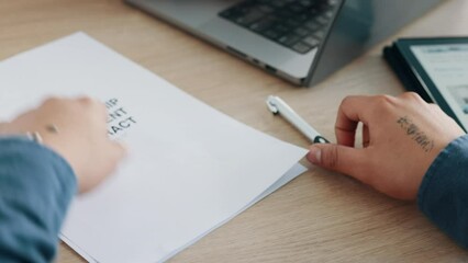 Poster - Work contract, employee signature and business person signing partnership deal, writing on legal workplace document and agreement to collaboration. Corporate worker with documents for working in team